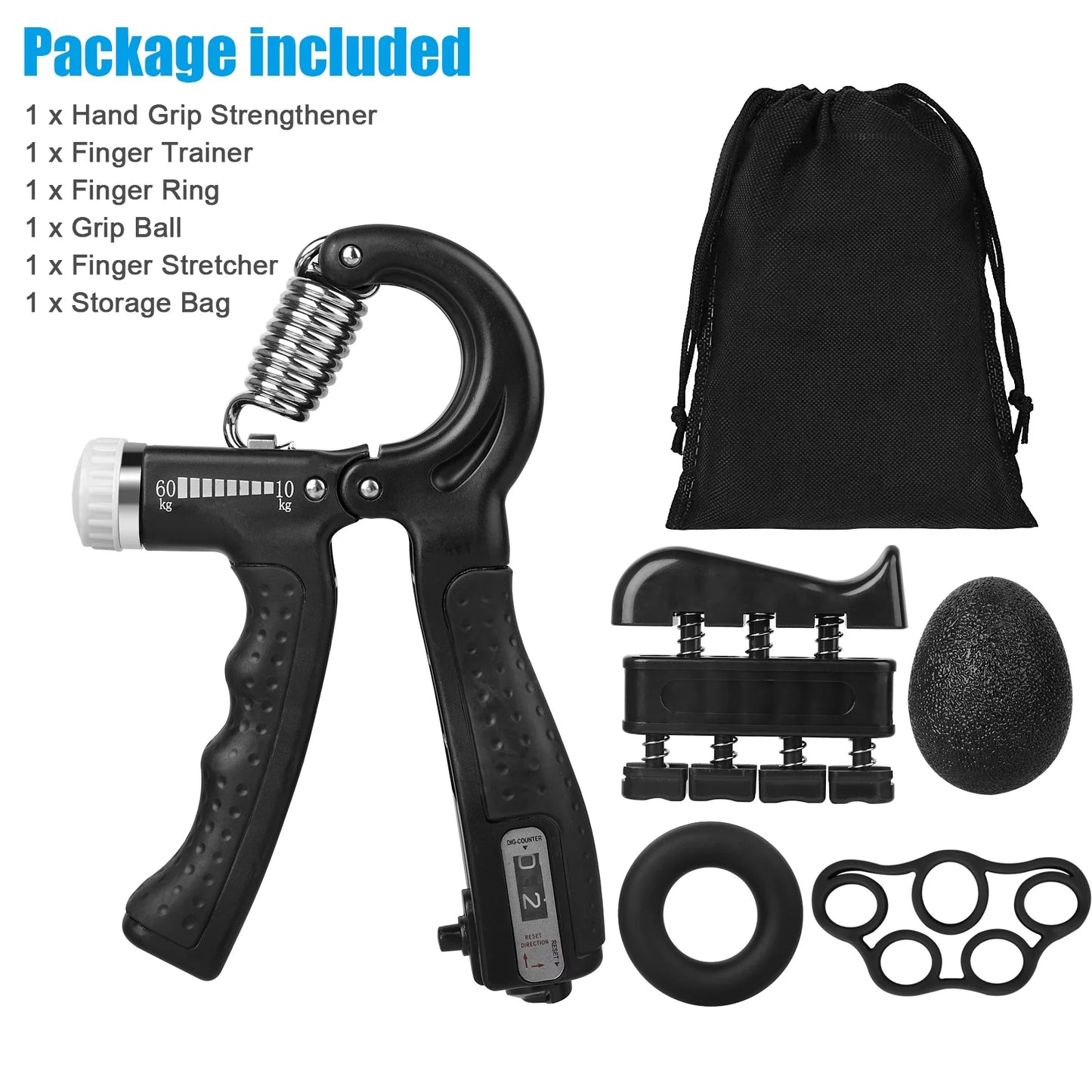 5Pcs Hand Grip Strengthener Forearm Workout Kit, Grip Strength Trainer, Adjustable Resistance 22 to 132Lbs Hand Gripper, Finger Exerciser, Finger Stretcher, Grip Loop, Stress Relief Grip Ball